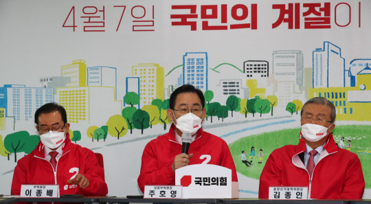 주호영 국민의힘 원내대표가 15일 서울 여의도 당사에서 열린 4.7 보궐선거 중앙선거대책위원회 서울동행 제1차 회의에서 발언을 하고 있다. 연합뉴스